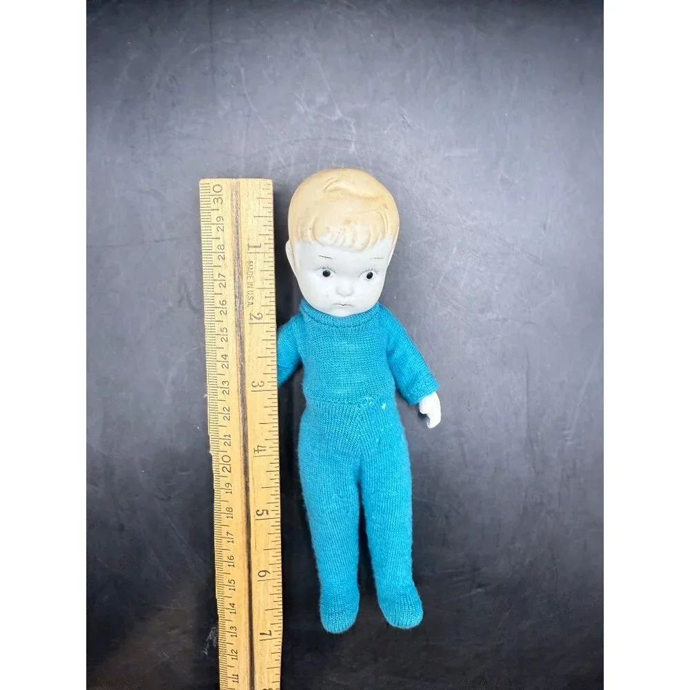 Vtg 7" Jointed Bisque Doll Turquoise Knit Outfit & Button Back Closure JAPAN - Picture 7 of 7